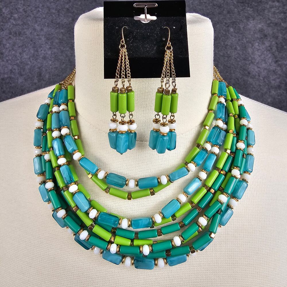 Multi Layered Statement Necklace Matching Earrings Acrylic Glass Coastal Chic